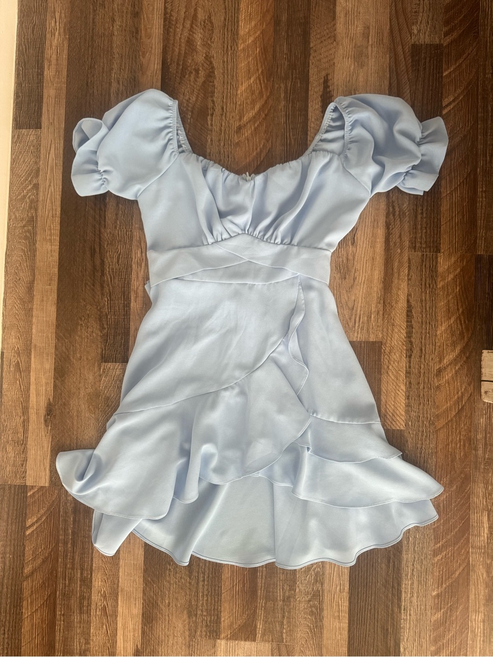 Light Blue Ruffle Wrap-Style Mini Dress